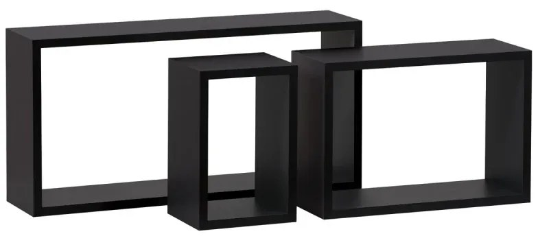 Polička nástěnná, sada 3 ks, MDF, barva černá matná, baleno v ochranné fólii