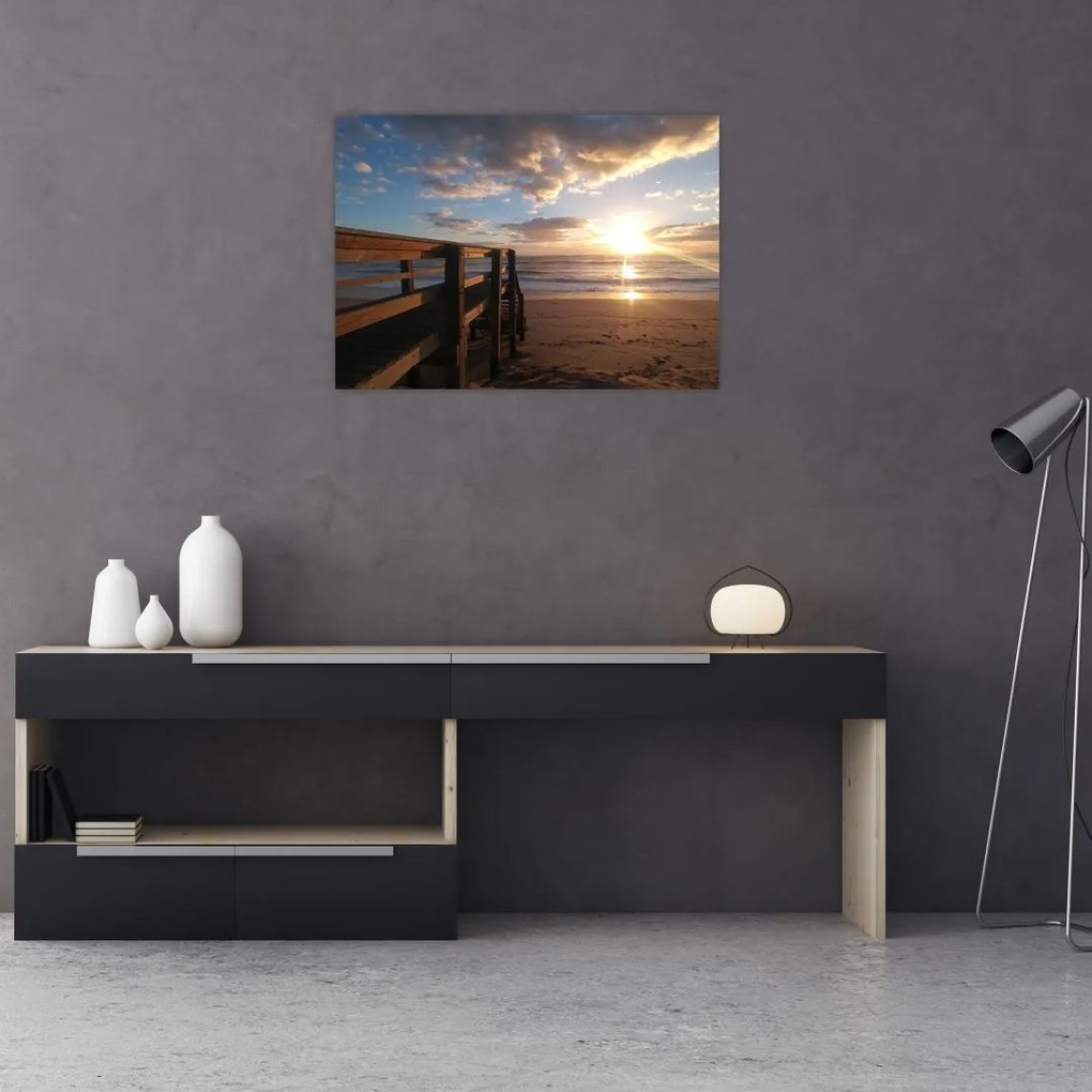 Sklenený obraz móla, pláže a more (70x50 cm)