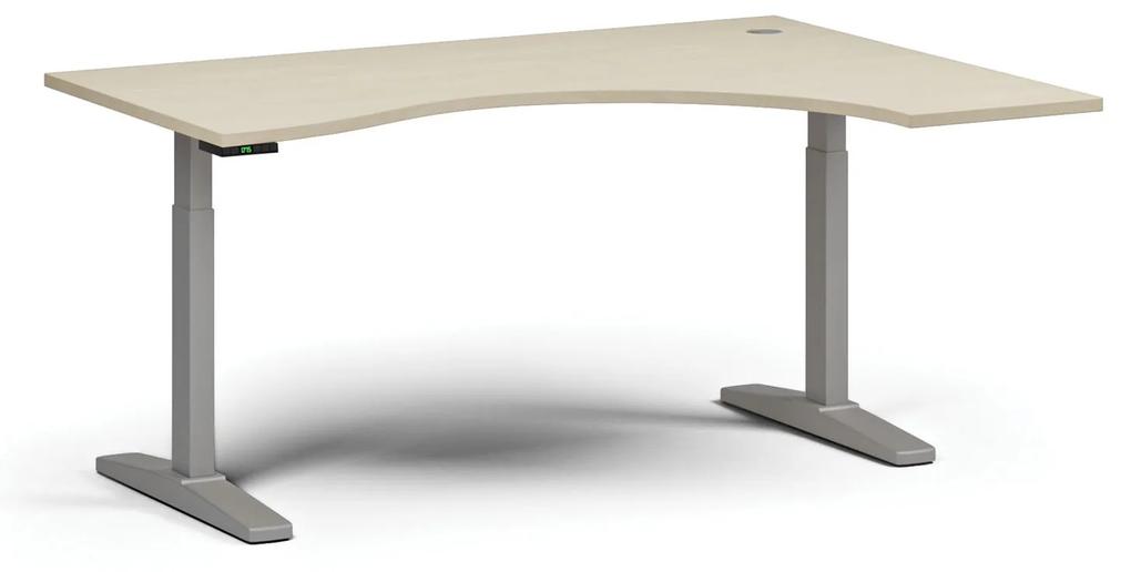 Výškovo nastaviteľný stôl, elektrický, 675-1325 mm, ergonomický pravý, doska 1600x1200 mm, sivá podnož, breza