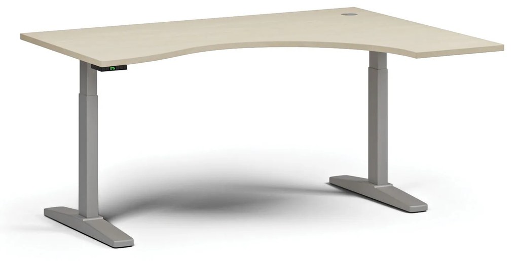 Výškovo nastaviteľný stôl, elektrický, 675-1325 mm, ergonomický pravý, doska 1600x1200 mm, sivá podnož, dub prírodný