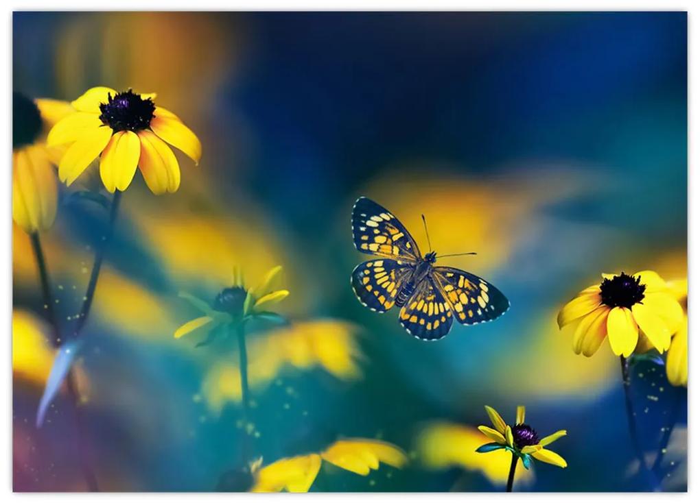 Sklenený obraz - Žltý motýľ s kvetmi (70x50 cm)