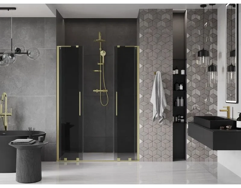 Mexen Velar L Duo, posuvné sprchové dvere do otvoru 150 cm, 8mm šedé sklo, zlatá matná, 871-150-003-42-55