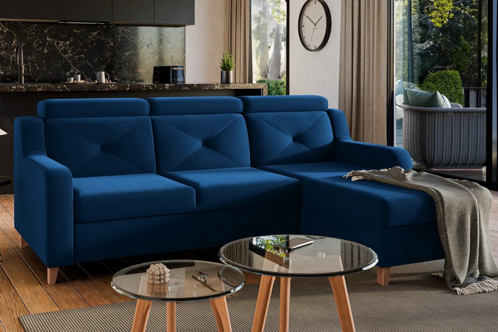 Rohová sedačka Laksaro s rozkladom pravostranná - modrý zamat Trinity 31