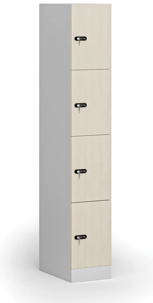 Šatníková skrinka s úložnými boxmi, 4 boxy, 1850 x 300 x 500 mm, demont, mechanický kódový zámok, laminované dvere, breza
