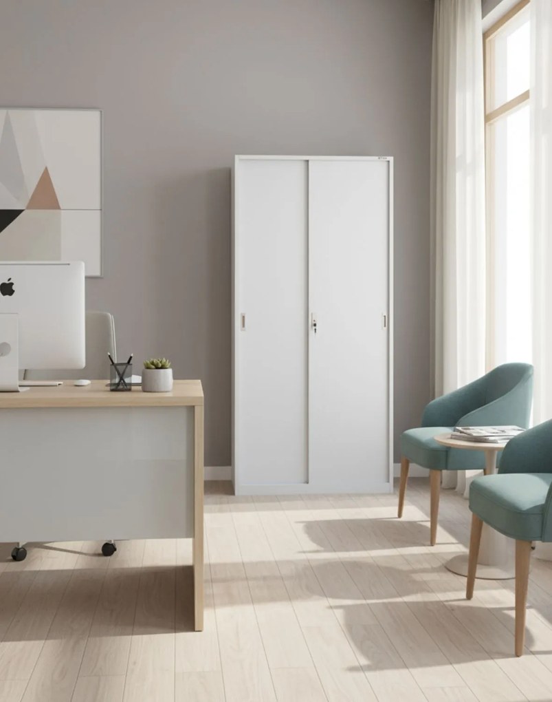 Kancelárska kovová skrinka s posuvnými dverami na kľúč Toronto Grey