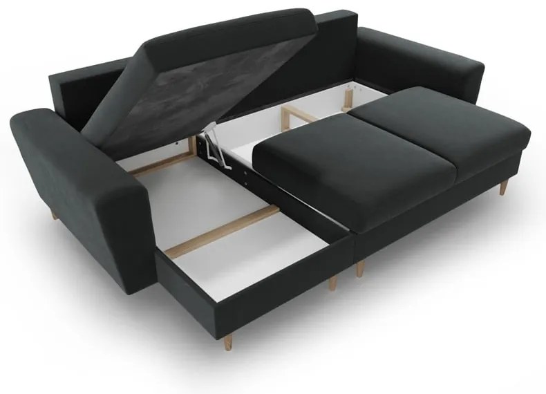 Tmavosivá zamatová rozkladacia/s úložným priestorom rohová pohovka Kyoto – Cosmopolitan Design