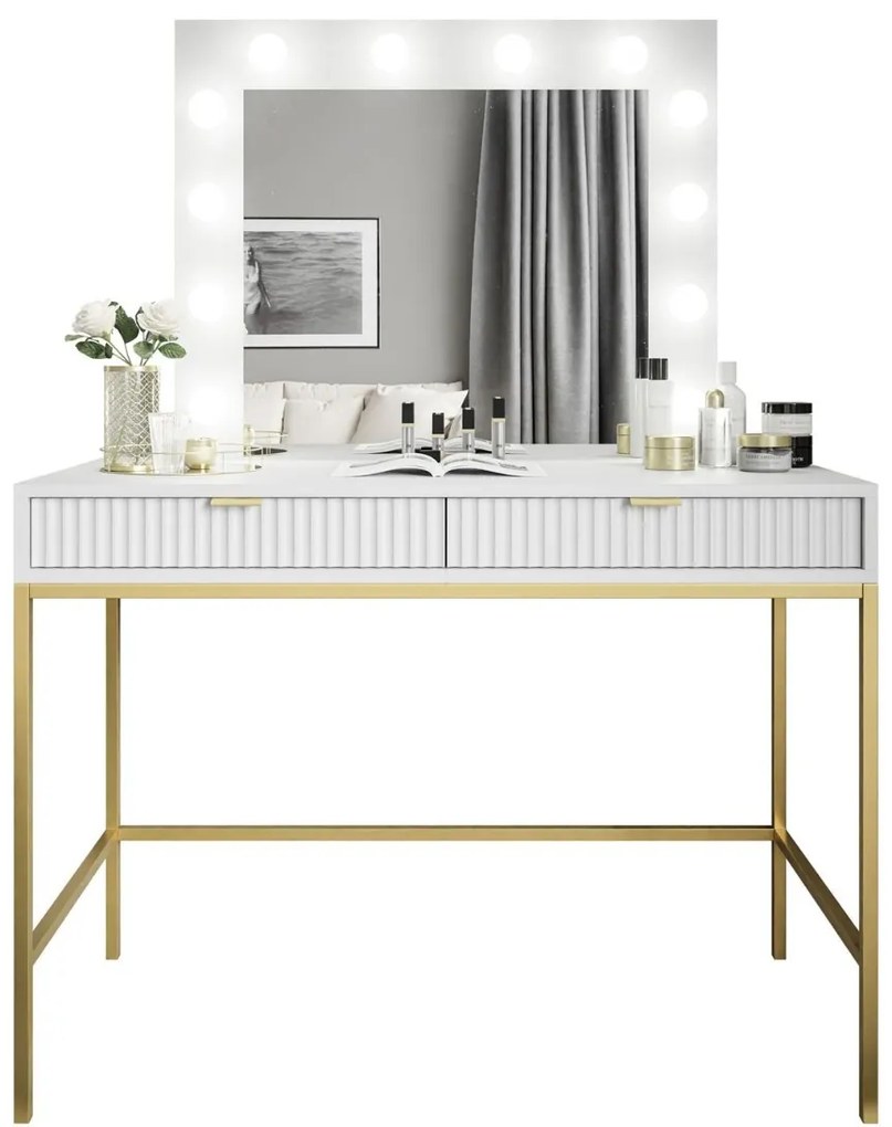 TOALETNÝ STOLÍK VIGGO BIELY + ZLATÝ PODSTAVEC + ZRKADLO