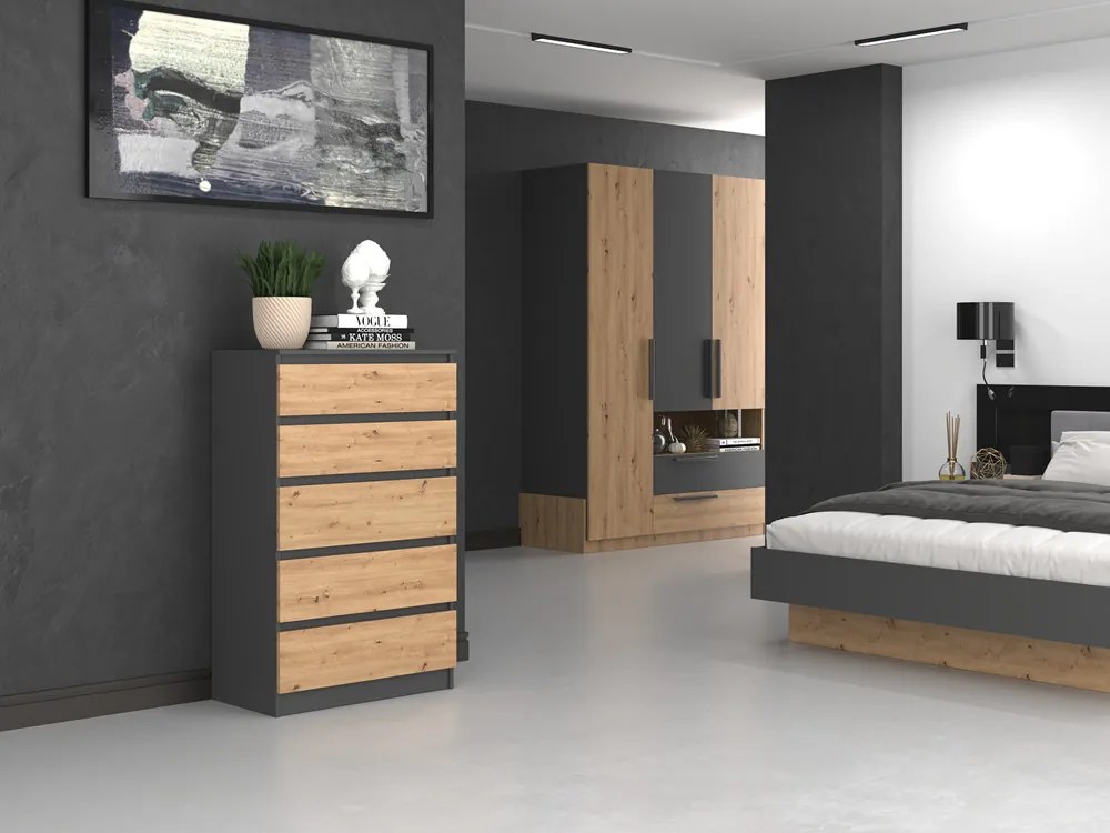 Komoda Musecalo 4 (antracit + dub artisan). Akcia -18%. Vlastná spoľahlivá doprava až k Vám domov. 1132795