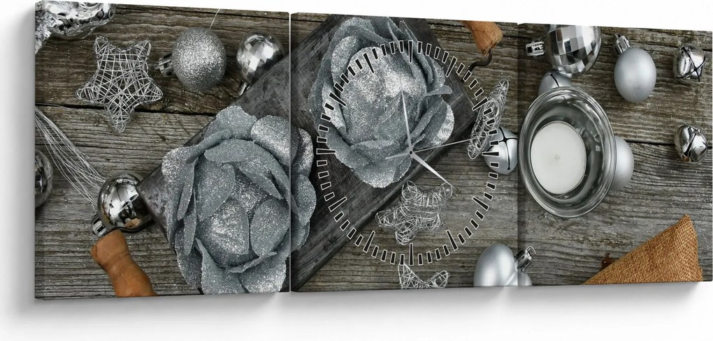 Obraz - strieborné vianočné dekorácie (s hodinami) (90x30 cm)