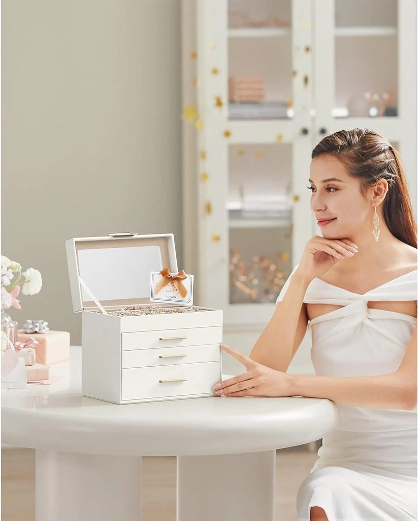 Šperkovnica 4-úrovňová, so skleneným vekom a 3 zásuvkami, biela a zlatá