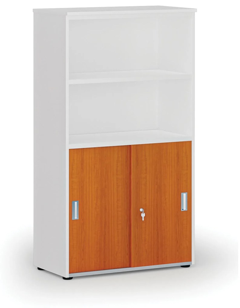 Kombinovaná kancelárska skriňa PRIMO WHITE, zasúvacie dvere na 2 poschodia, 1434 x 800 x 420 mm, biela/čerešňa