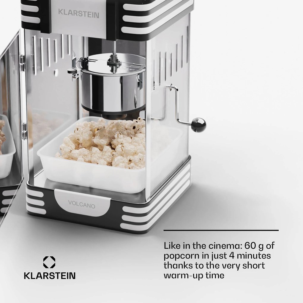 Klarstein Volcano, popkornovač, 300 W, 60 g/4 min, hrniec z nehrdzavejúcej ocele, retro dizajn
