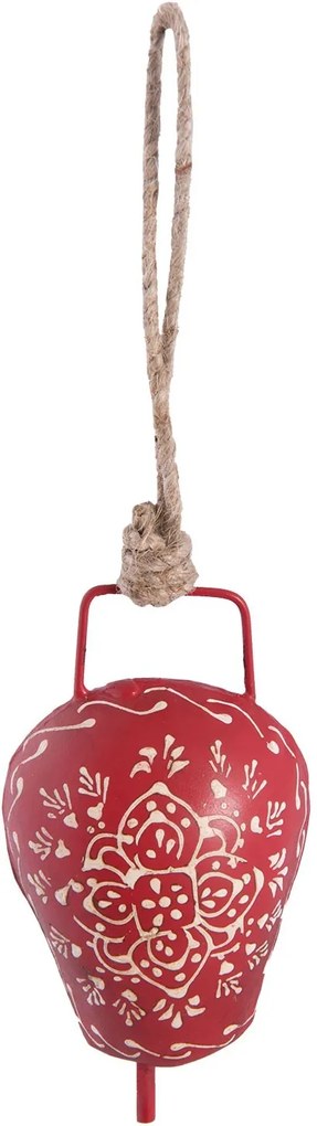 Červený plechový zvonček s kytičkou - 20 * 12 * 6 cm