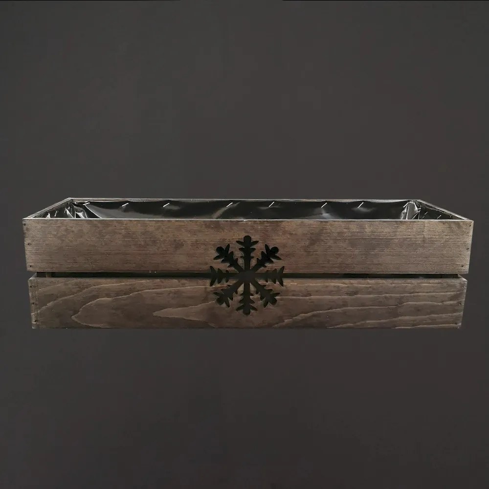 AMADEA Drevený vianočný kvetináč s vločkou tmavý, vo vnútri s čiernou fóliou, 62x21,5x17cm, český výrobok