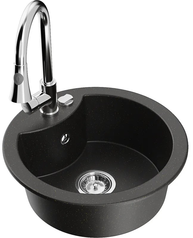 Mexen Diego, 1-komorový granitový drez 488x488x167 mm a drezová batéria Elia, čierna-zlatá metalíza, 6512-75-670101-00