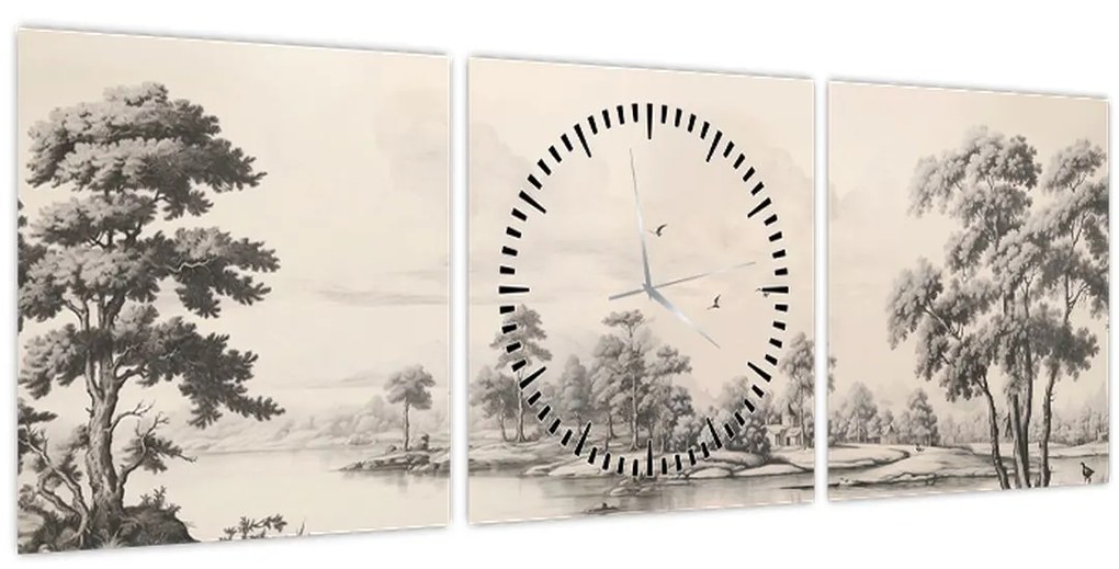 Obraz - Vintage kresba krajiny (s hodinami) (90x30 cm)