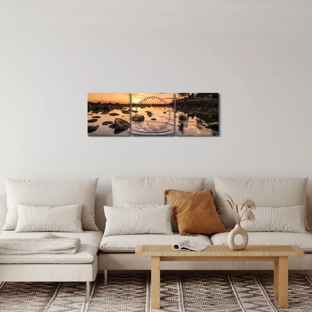 Obraz vodnej hladiny pri západe slnka (s hodinami) (90x30 cm)