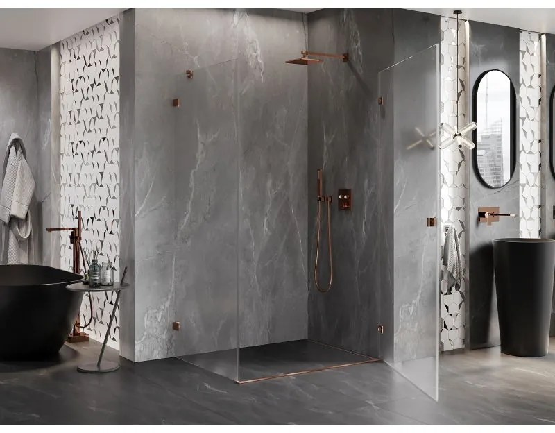 Mexen Lunar-B, pravostranný výklopný sprchový kút 95 x 90 cm, 8mm číre sklo, profil ružové zlato, 832-095-090-60-00-P