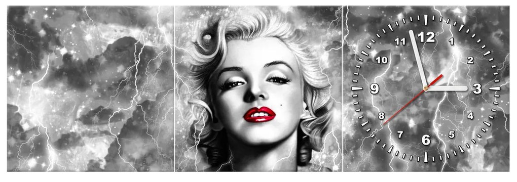 Gario Obraz s hodinami Elektrizujúca Marilyn Monroe - 3 dielny Rozmery: 90 x 30 cm