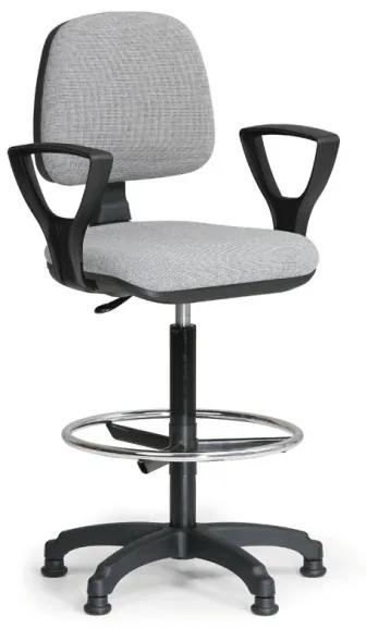Zvýšená látková pracovná stolička MILANO s podpierkami rúk, opierka nôh, klzáky, sivá