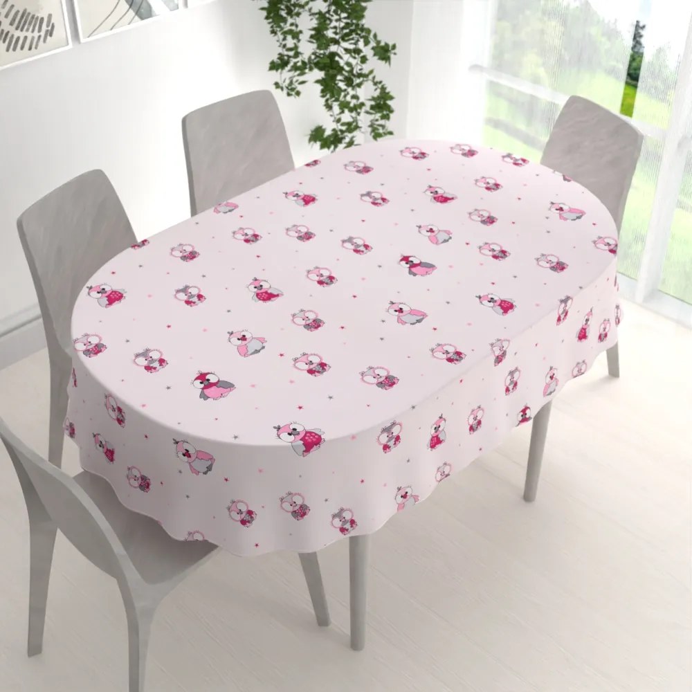 Biante Detský bavlnený oválny obrus Sandra SA-726 Ružové sovičky na bledo ružovom 60x100 cm