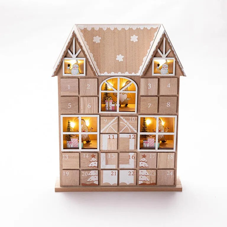 Drevený LED adventný kalendár so šuflíčkami DOMOK