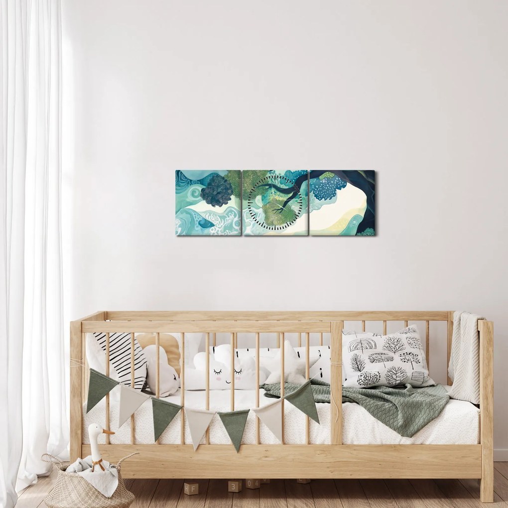 Obraz – Zelená koruna stromu života (s hodinami) (90x30 cm)