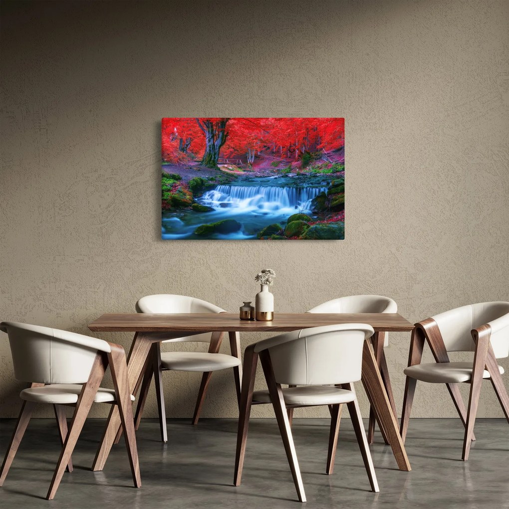 Obraz vodopádu v červenom lese (90x60 cm)