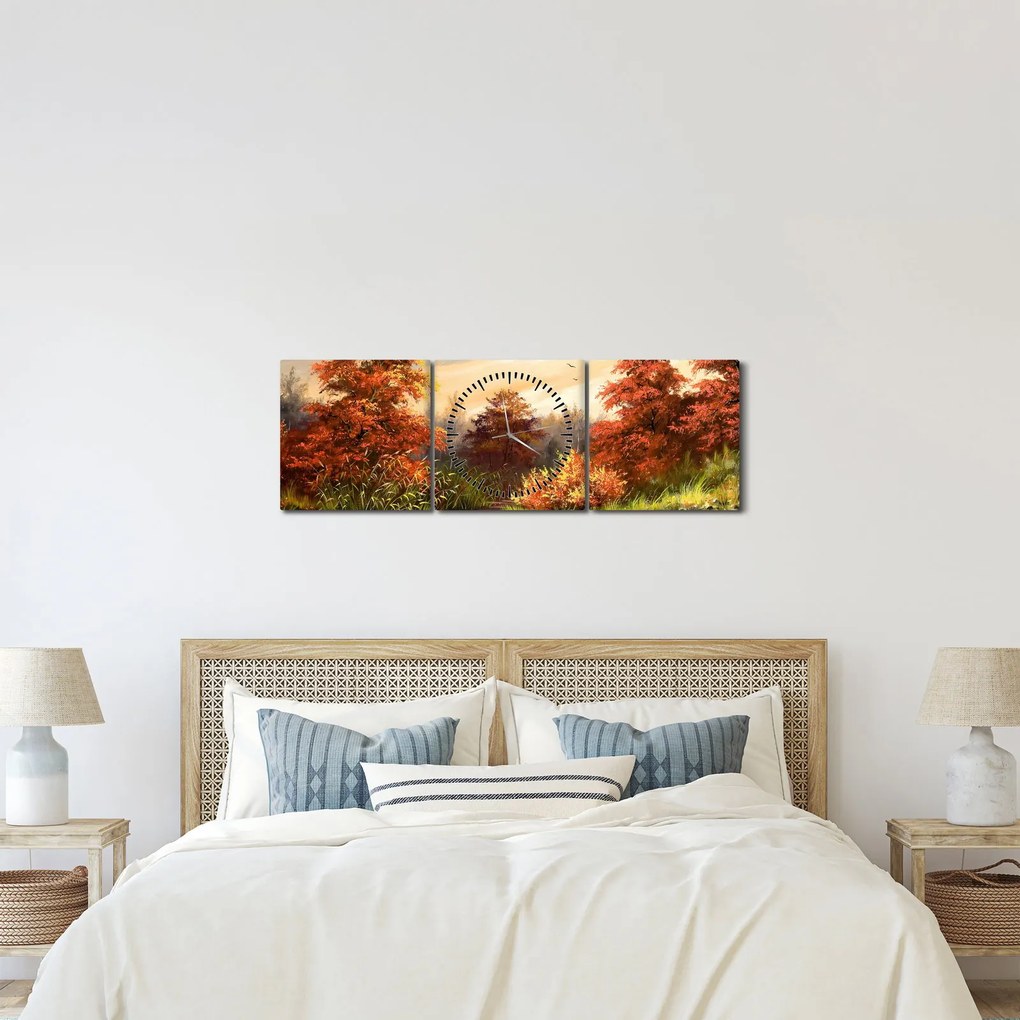 Obraz rieky v jesennej krajine, olejomaľba (s hodinami) (90x30 cm)