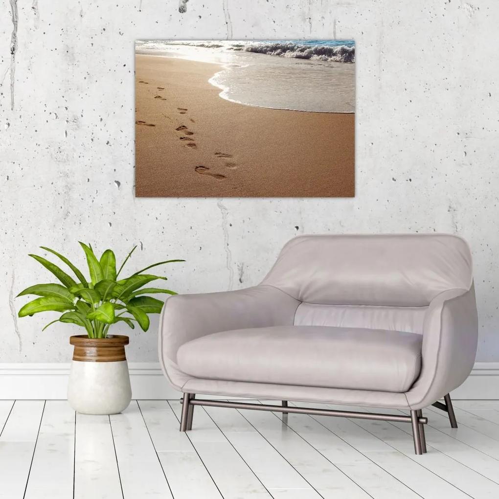 Sklenený obraz - stopy v piesku a more (70x50 cm)