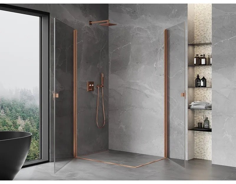 Mexen Mist-B Duo, 2-krídlový výklopný sprchový kút 80 x 70 cm, číre sklo, medený matný profil, 8A2-080-070-65-00