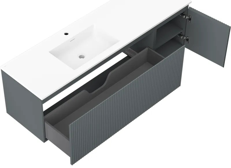 Mexen Rivel, kúpeľňová skrinka 160 cm s umývadlom Otis vľavo, 1S, 1D, drážkovaná, grafitová matná/biela matná, 91A23-16047-3-BBFF66-W18L01