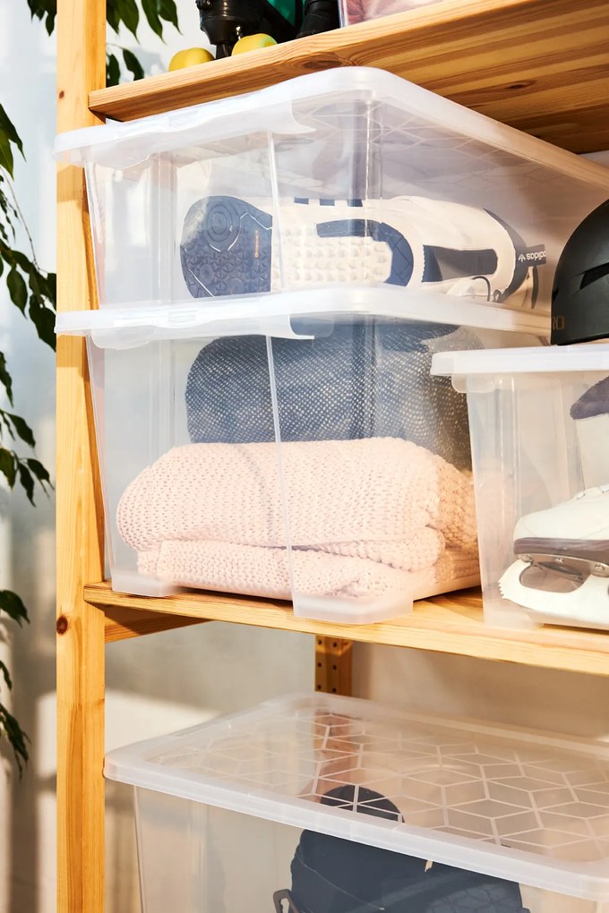 Rotho Univerzální úložný box, krabice s víkem, EVO, transparent - 58x39x28, 44l