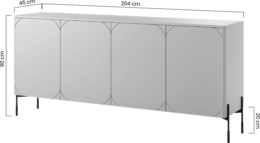 Komoda Sonatia 200 cm štvordverová - kašmír / čierne nohy