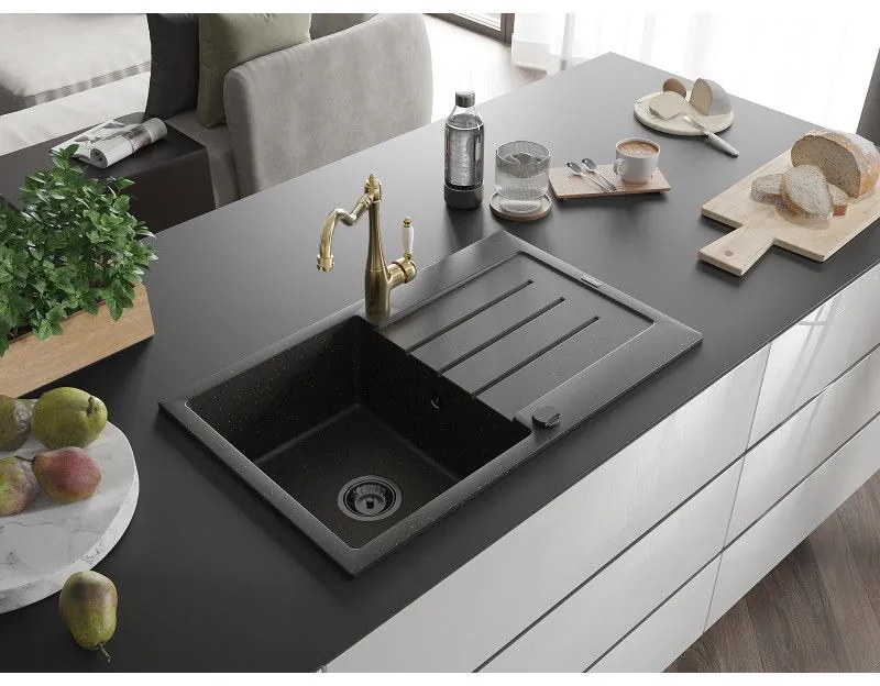 Mexen Bruno, granitový drez 795x495x200 mm, 1-komorový a drezová batéria Carla, čierna-zlatá metalíza, 6513-75-670700-50-B