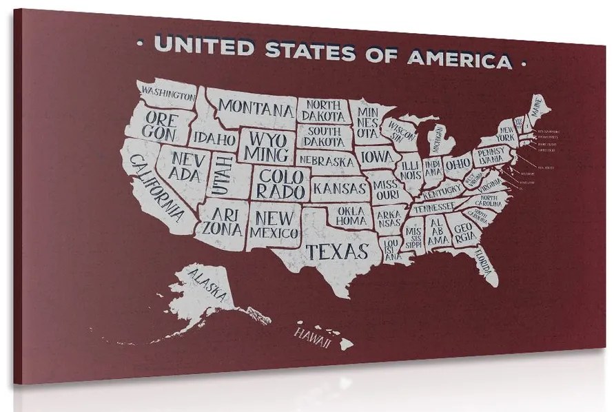 Obraz náučná mapa USA s bordovým pozadím Varianta: 120x80