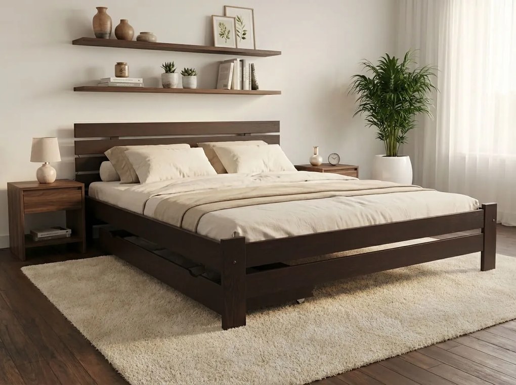 Posteľ PARIS zvýšená 160x200 cm, orech Rošt: S lamelovým roštom, Matrac: Matrac DELUXE 10 cm