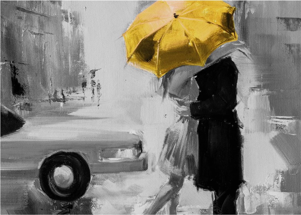 Obraz - Zamilovaný pár pod dáždnikom, žltý (70x50 cm)