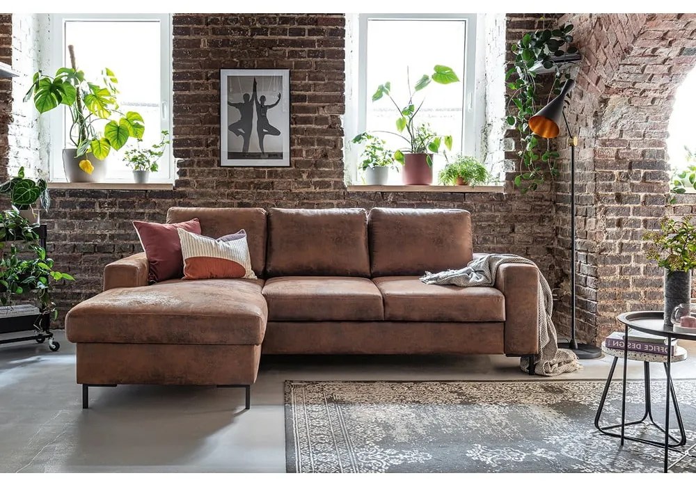 Hnedá rozkladacia rohová pohovka z imitácie kože Miuform Lofty Lilly Vintage, ľavý roh