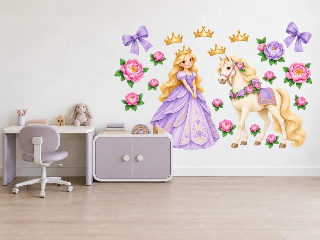 Princezná s bielym koníkom levanduľové nálepky na stenu do izbičky malej princeznej hárok 46 x 30 cm