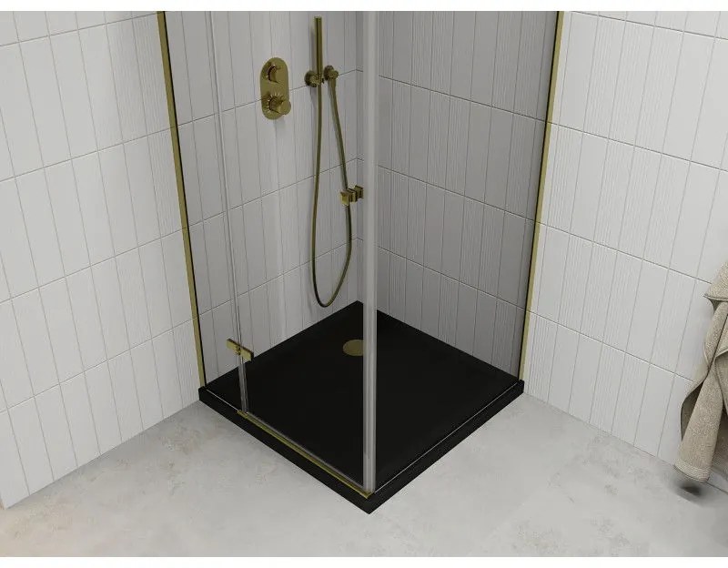 Mexen Roma, sprchovací kút s 1-krídlovými dverami 90 (dvere) x 90 (stena) cm, 6mm číre sklo, zlatý profil, slim sprchová vanička 5cm čierna, 854-090-090-50-00-4070G