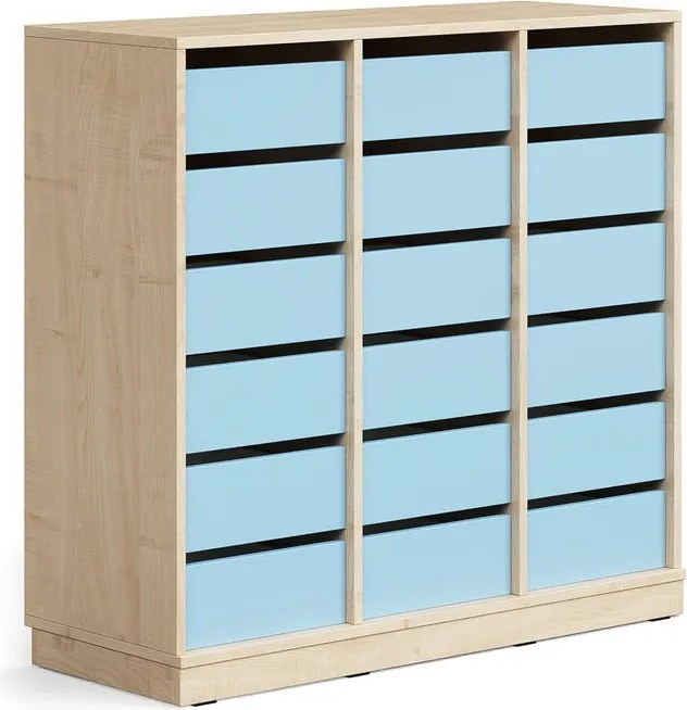 Úložná skrinka CASPER, 18 zásuviek, so soklom, breza/sky blue