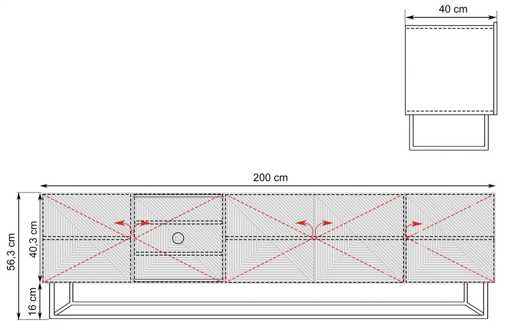 TV skrinka Asha 200 cm s ryhovanými dvierkami a kovovou podnožou - čierny mat