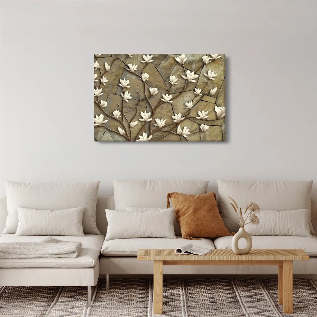Obraz - Biele magnólie na kamennom murive (90x60 cm)
