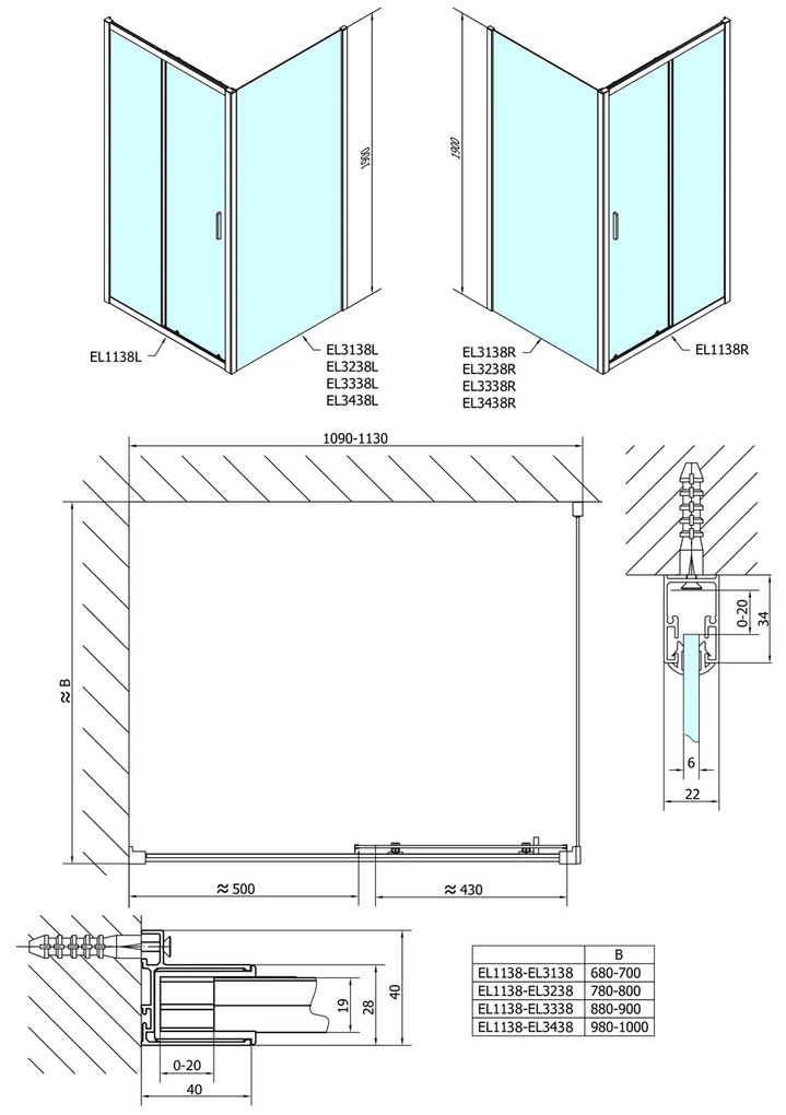 Polysan Polysan, Easy Line obdĺžniková sprchová zástena 1100x800mm L/P varianta,brick sklo, EL1138EL3238