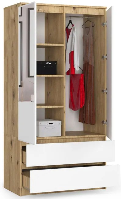 Skriňa S 90 cm 2D 2SZ 2 zrkadlá CLP dub artisan / biela
