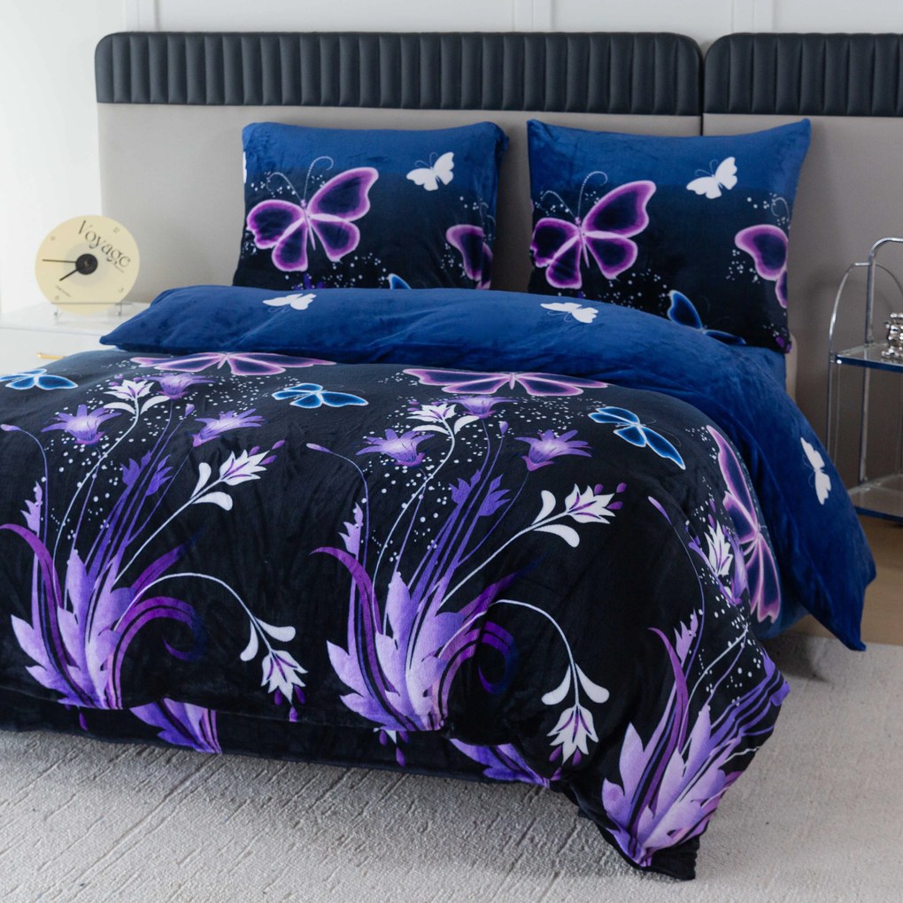 Obliečky mikroplyš VIOLET BUTTERFLY tmavomodré Rozmer obliečky: 2 ks 70 x 90 cm | 200 x 220 cm
