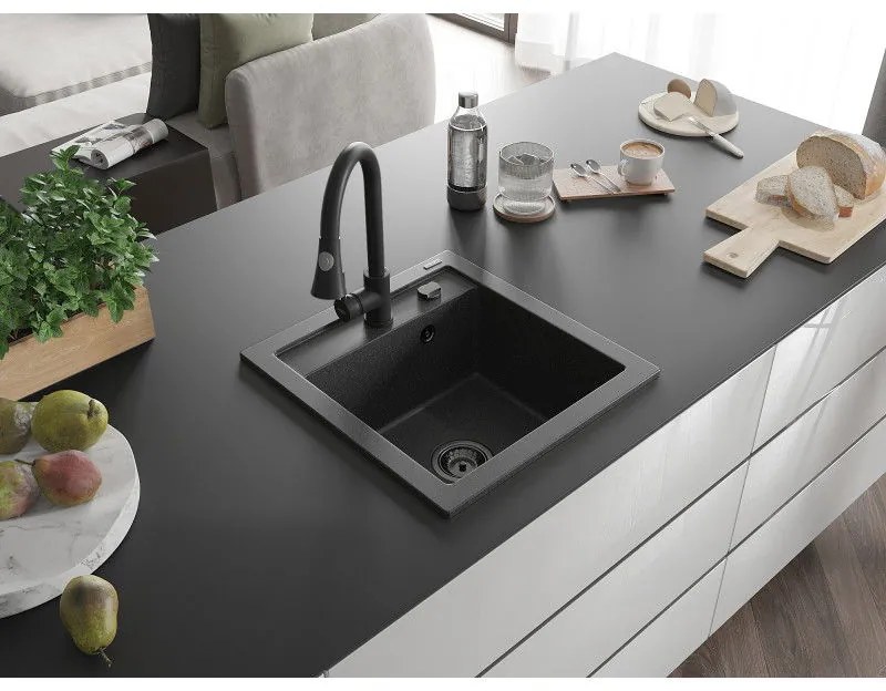 Mexen Vito, 1-komorový granitový drez 490x520x210 mm a drezová batéria Elia, čierna škvrnitá, 6503-76-670101-70-B