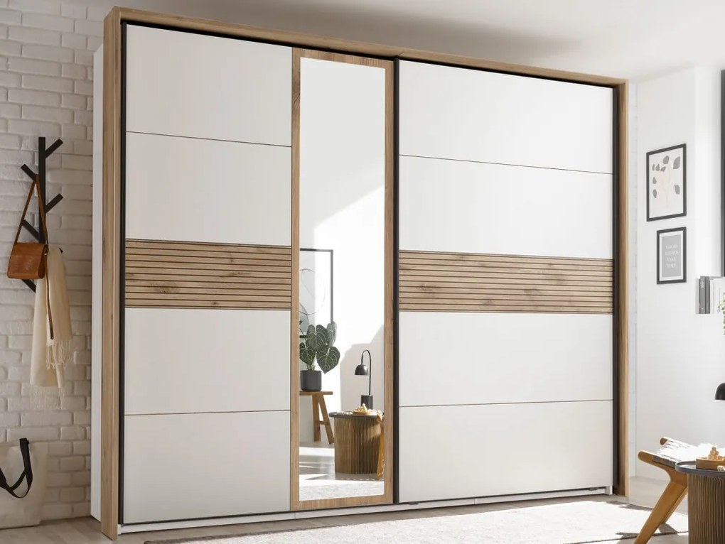 Šatníková skriňa so zrkadlom Daria, 270 cm, dub/biela