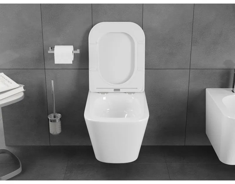 Mexen Teo, závesná WC misa 510x345x340 mm, Rimless Tornádo + WC sedadlo z duroplastu, biela lesklá, 30850600T